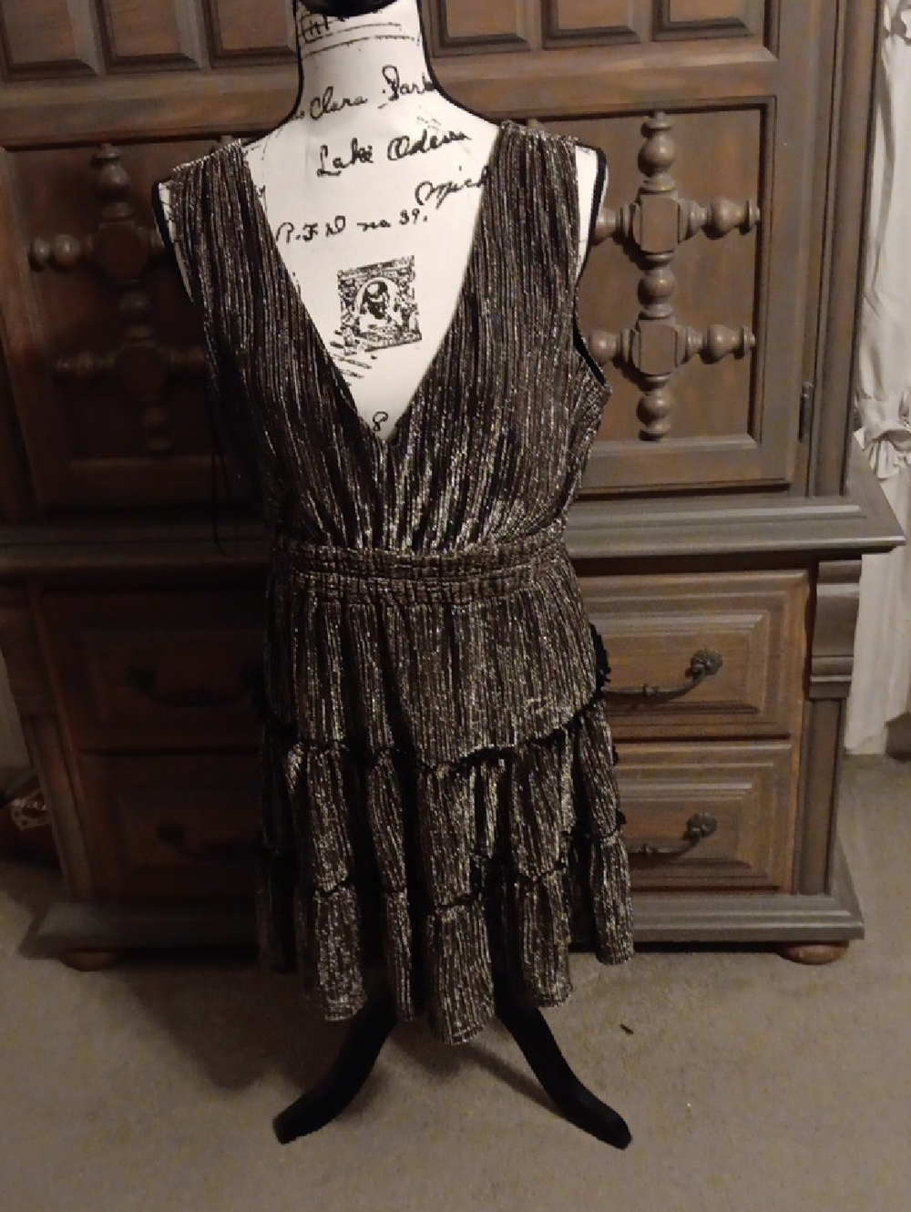 Metallic Tiered V-Neck Mini Dress - Black & Gold